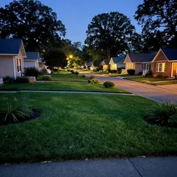 an american neighborhood at night, big garden, street, lot of grass