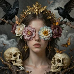 ornate, intricate, young, beautiful, woman, realistic portrait, ethereal, flowers covering eyes, skulls, art by emil melmoth, gustave dore, craig mullins, yoji shinkawa, art germ, pete morbacher, hyper detailed, high detail, artstation, hyperrealistic, unreal engine 5, ravens, branches, ghost, clouds, colors, moths, gold, morbid headpiece,