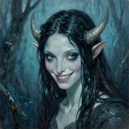 smirking rusalka of the blighted swamp, aquiline features, black shimmering hair, by brian froud, cold secondary colors, oil on canvas