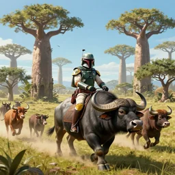 boba fett riding a buffalo through madagascar with baobabs trees, animals chasing, action scene, an epic fantasy, artgerm and greg rutkowski and alphonse mucha, an epic fantasy, volumetric light, detailed, establishing shot, cinematic, photorealistic, hyper detailed, ultra realistic, trending on art station, octane render, midsommar