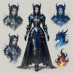Character concept sheet of a Gothic princess girl in dark and blue dragon armor. By (Rembrandt painting(100)(fractal flame)), highly detailded