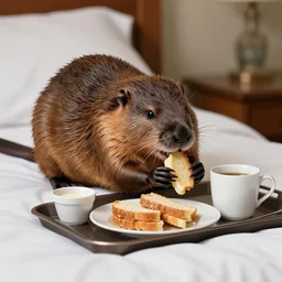 A beaver in a bed, eating bed and breakfast from a tray, photography, high quality, award winning