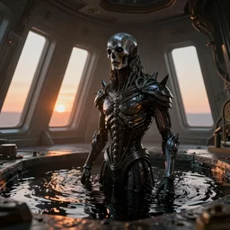 baron harkonnen designed by hr giger junji ito moebius yasushi nirasawa, hdr, octane render, emerging from a black oil bath, sanitarium type room with angular windows, sunset emoting through windows, volumetric lighting, photorealistic, 8 k