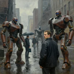 drab human workers, guarded by rusty robot overlords, brutalist city street, cloudy, raining, dystopian, pj crook, edward hopper, oil on canvas