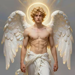 portrait of a beautiful young fit male angel with curly blond hairs, dressed with fluent clothes, majestic symmetrical wings, luminous halo, by greg rutkowski and alphonse mucha, d & d character, gradient white to gold, in front of an iridescent background, highly detailed portrait, digital painting, artstation, concept art, smooth, sharp focus ilustration, artstation hq