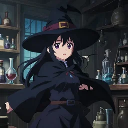 anime visual, portrait of a young female traveler wearing a witch hat in a alchemist's potion shop interior, cute face from katsura masakazu and yoh yoshinari,, cinematic luts, dynamic pose, dynamic perspective, strong silhouette, anime cels, ilya kuvshinov, crisp and sharp, rounded eyes, moody, cool colors