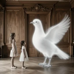 realistic documentary photo of the family morphing into a big white fluffy hairy bird, in the wooden and fancy expensive wooden room interior, neutral colors, x - ray aura monochrome