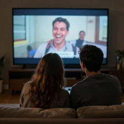 brainwashed and fatally deprived happy idiot couple watching mnemoic tv screen, realistic, dramatic lighting, fantastic reality, 8 k resolution