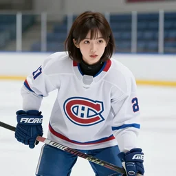 beautiful female akira anime cyberpunk super star cute ice hockey player, wearing a light futuristic habs jersey, blue white and red color blocking, character concept exploration, outfit designs, trending on artstation, photorealistic, 8k