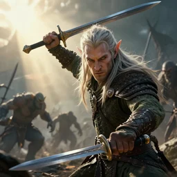 dramatic cinematic artwork close up of Gimli as an elf wielding swords, fighting orcs in a battle by Greg Rutkowski, 4k, masterpiece, sun rays
