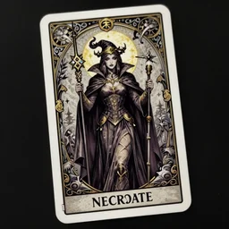 a tarot card of a female necromancer, fantasy, d & d, intricate, elegant, highly detailed, digital painting, artstation, concept art, matte, sharp focus, illustration, art in the style of disney