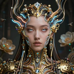 very beautiful woman integrating with technology, full face frontal centered, portrait, insipiring, detailed intricate ornate neon pulsating cables connected to head, diamond huge eyes, luxurious detailed abundent wiring and implants, gold, renaissance, sci - fi, detailed technology background with cyber flowers and insects, dramatic lighting, photography, highly detailed, artstation, 8 k,