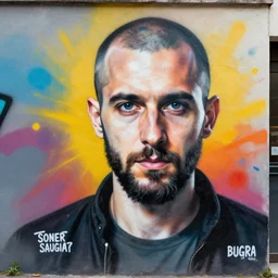 “Spray paint stencil portrait of a clean shaven Jewish guy in his 30s on the city wall, colorful, but very good looking”