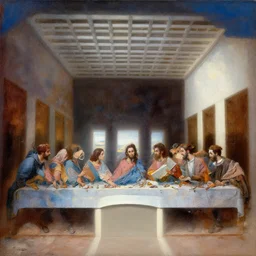 the last supper, outside a typical portuguese house, far view, with typical algarve landscape in the back, sunny morning, matte painting, oil canvas, photorealistic illustration, extreme detail, hyper realistic, highly detailed, digital art
