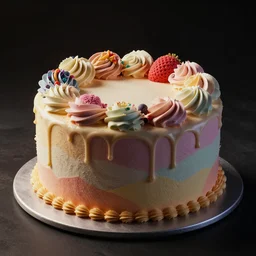 high quality product photography of colorful cake, volumetric dramatic light, dark black background, sharp focus, highly realistic, octane render, art by greg rutsowski