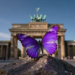 purple butterfly with the brandenburger tor in the background, bokeh, sigma