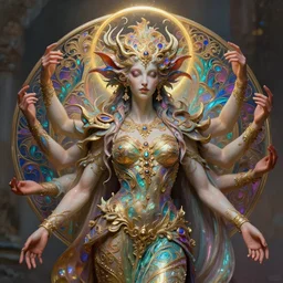 a beautiful elegant elemental entity with many hands, highly detailed, digital painting, artstation, concept art, sharp focus, unreal engine 5, art by  Peter Mohrbacher alex ross and greg rutkowski and alphonse mucha, baroque ornament details, intricate artwork by Tooth Wu and wlop and beeple and dan mumford and greg rutkowski. halo. octane render, cinematic, hyper realism, octane render, 8k, depth of field, bokeh. iridescent touch. vibrant. saturated