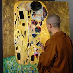 robot monk painting a self - portrait on a canvas. intricate, highly detailed, photorealistic, film still, by gustav klimt.