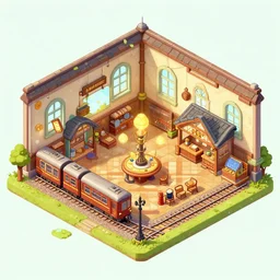 isometric building interior, small village railway station with train, fantasy