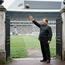 stalin stands at the gate on the football field and catches the ball, photo of stalin at the stadium