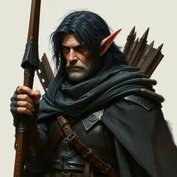 an older elf black - haired, archer with leather!! armor and long bow!! cloak, head and torso concept character art by bob eggleton and michael garmash, trending on artstation