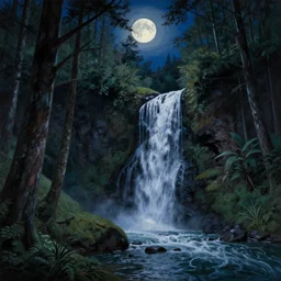 Wolfcreek forest at night, Waterfall, moonlight, Greg Rutkowski, Pablo Picasso, hyperrealism