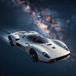 full shot photograph of futuristic space ship inspired by vintage supercars flying in the milky way, JC park, Kezrek, Vincent Maréchal, Nicolas Bouvier, cinematic, hard surface modeling