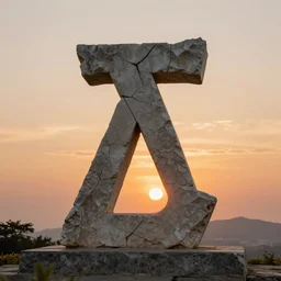 cracked stone statue of λ symbol, epic sunset in the background, highly detailed digital art