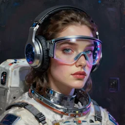 neon cyberpunk programmer with glowing geordi visor over eyes and sleek headphones headshot portrait painting by conrad roset, donato giancola, rhads, tom whalen, alphonse mucha, mead schaeffer astronaut fashion photography