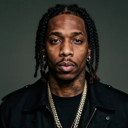 a studio photograph of Young Thug, portrait, 40mm lens, shallow depth of field, close up, split lighting, cinematic