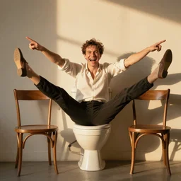 hyperrealistic Jean Claude Vandamme doing the splits, laughing hysterically, doing the spilts with his legs going pointing two separate directions, between two chairs over a toilet, golden hour, smiling, award winning, trending on artstation