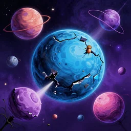A cosmos of broken planets by Daniel Sampere. 8K Resolution. Comic Illustration. HD. 16k resolution HD HDR. Blue and Purple colored.