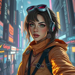 woman wearing cyberpunk clothing in a sci - fi city, hyper detailed, in the style of greg rutkowski and alphonse mucha and lisa frank, selfie
