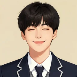 a headshot of a very happy yoongi closed smile - short black hair wearing male school uniform, sharp focus, illustration, morandi color scheme, art station, high detailed, by ilya kuvshinov, gorillaz art