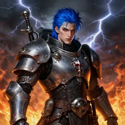 portrait of beautiful gothic young man, warhammer, cyber armor, a lot of scars, thunderstorm and fire, blue head, the middle ages, highly detailed, artstation, illustration, art by jean delville, 8 k quality, art by jean delville, max ernst