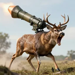a rocket launcher explosive deer military animal beast, huge, powerful, rocket, launcher, scary, anger, rage, canon eos c 3 0 0, ƒ 1. 8, 3 5 mm