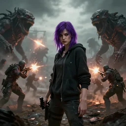apocalyptic world, doom game like look, female in hoodie in the middle, purple hair, shooting the monsters, 8 k, photorealistic, hyper realistic, full detail