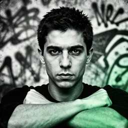 highly detailed closeup portrait of very serious staring shia lebouf, flexing arms by atey ghailan, by greg rutkowski, by greg tocchini, by james gilleard, by joe fenton, by kaethe butcher, gradient green, black and white color scheme, grunge aesthetic!!! ( ( graffiti tag wall background ) )