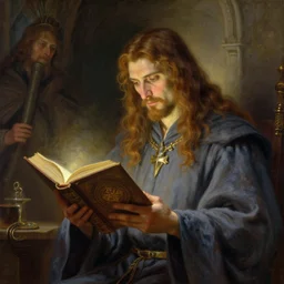 stunning male master wizard reading his forbidden magical book, highly detailed painting by gaston bussiere, craig mullins, j. c. leyendecker, 8 k