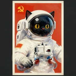 astronaut black cat, communist poster, russian art