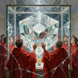 seen through shattered glass, worshippers in red robes touching a very complex gigantic glass tesseract violently illuminating a small glass room with glass windows, reflections and refractions, very bright white light, small room!!, closeup!!, very harsh lighting, high detailed beksinski painting, part by adrian ghenie and gerhard richter. masterpiece, bright white