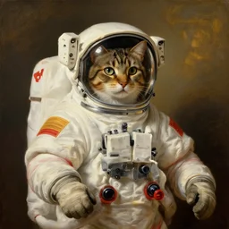 cat cosmonaut!!!, proudly posing for a portrait, painted by rembrandt, intricate, detailed, atmospheric lighting, golden hour.