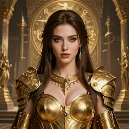 professional digital art of a hyper realistic and highly detailed photography beautiful woman in a beautiful complex and sexy golden armor. face and eyes hyper realistic, symetric, and highly detailed. background is an ancient temple, knights of zodiac. greg rutkowski, zabrocki, karlkka, jayison devadas, intricate, artstation, 8 k, unreal engine 5