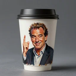 coffee cup with an oil painting of jerry seinfeld, studio lighting, 4 k