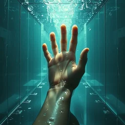 a room of glass, water caustics, the giant hand is inside, close up, euphoria, transcendence!!!!, film still from the movie directed by denis villeneuve and david cronenberg with art direction by salvador dali and dr. seuss