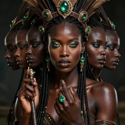 epic masterpiece portrait of a dark skin sorceress with a magic wand, african tribe, sweaty skin, hyperrealistic, octane render, cinematic, followed by heads with many faces, beautiful face and flawless skin, perfect hands, emeralds by Edgar Maxence and Ross Tran and Michael Whelan, Legends of Runeterra