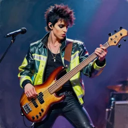 an action painting of Prince in a hi viz jacket playing the bass