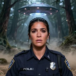 kim kardashian as a cop wearing a police uniform, face portrait, scared emotion, haunted forest with ufo sitting in the distant fog, pretty, aesthetic, dust molecules, matte detailed photo, DeviantArt, Artstation, by donato giancola, ralph horley, loish, ufo lighting