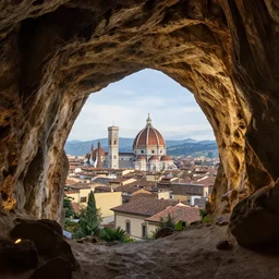 underground cavern, beautiful underground city of florence in the background, natural light
