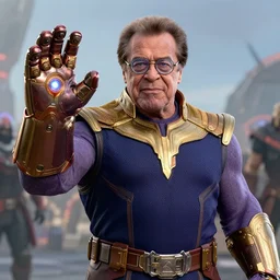 film still of Danny Devito wearing his glasses as Thanos on the battlefield holding up infinity gauntlet in Avengers Infinity War